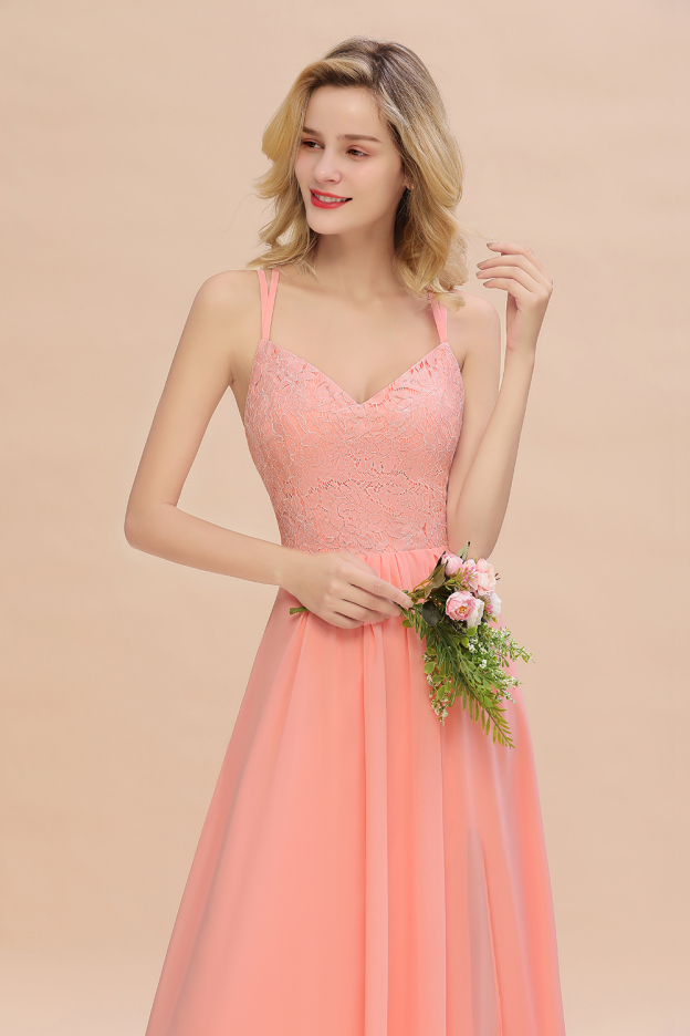 27prom Spaghetti-Straps Coral Lace Bridesmaid Dresses with Slit-27prom