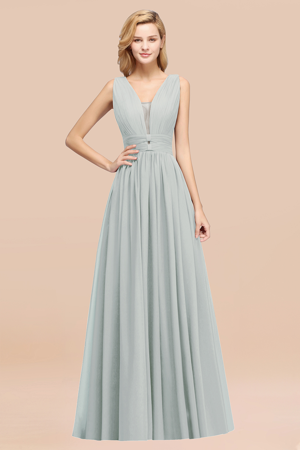 27prom Modest Dark Green Long Bridesmaid Dress Deep V-Neck Chiffon Maid of Honor Dress-27prom