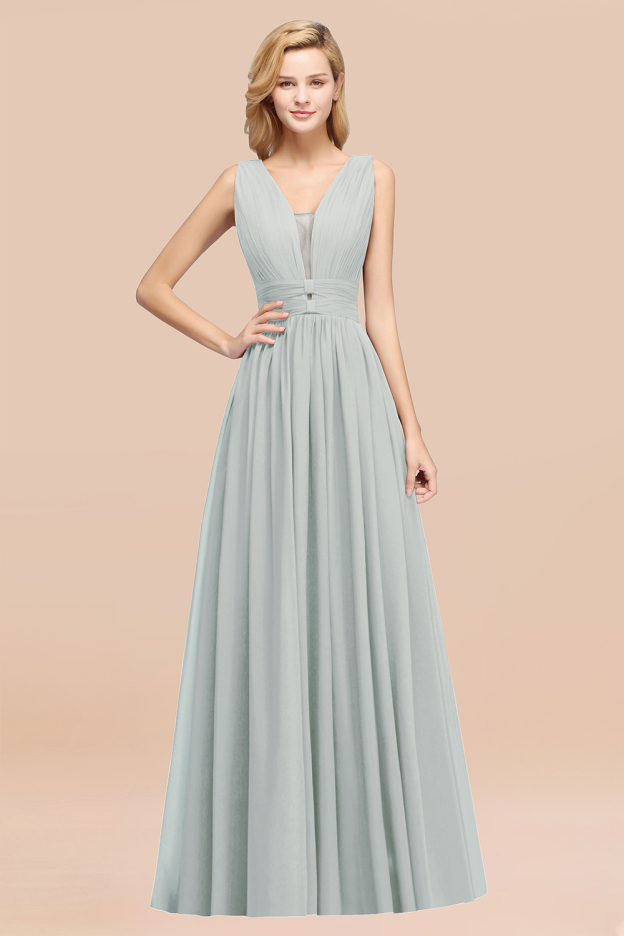 27prom Modest Dark Green Long Bridesmaid Dress Deep V-Neck Chiffon Maid of Honor Dress-27prom