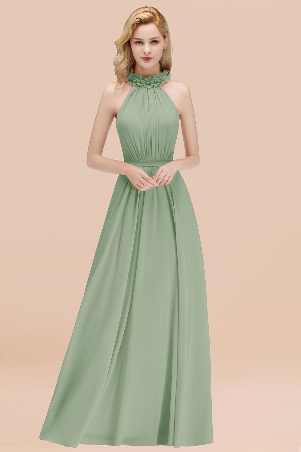 27prom Modest High-Neck Halter Ruffle Chiffon Bridesmaid Dresses Affordable-27prom