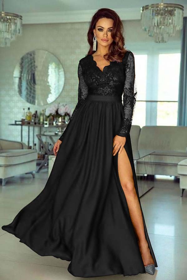 Charming V Neck Long Sleeves Lace A Line Long Prom Dress With Side Split