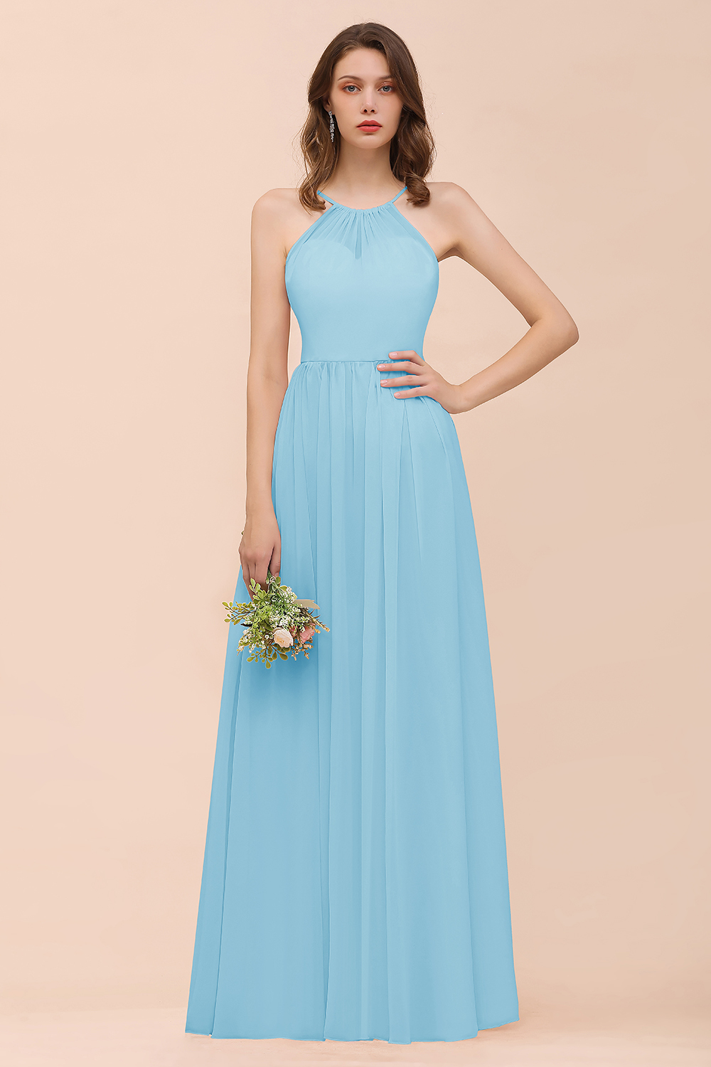 27prom Gorgeous Chiffon Halter Ruffle Affordable Long Bridesmaid Dress-27prom