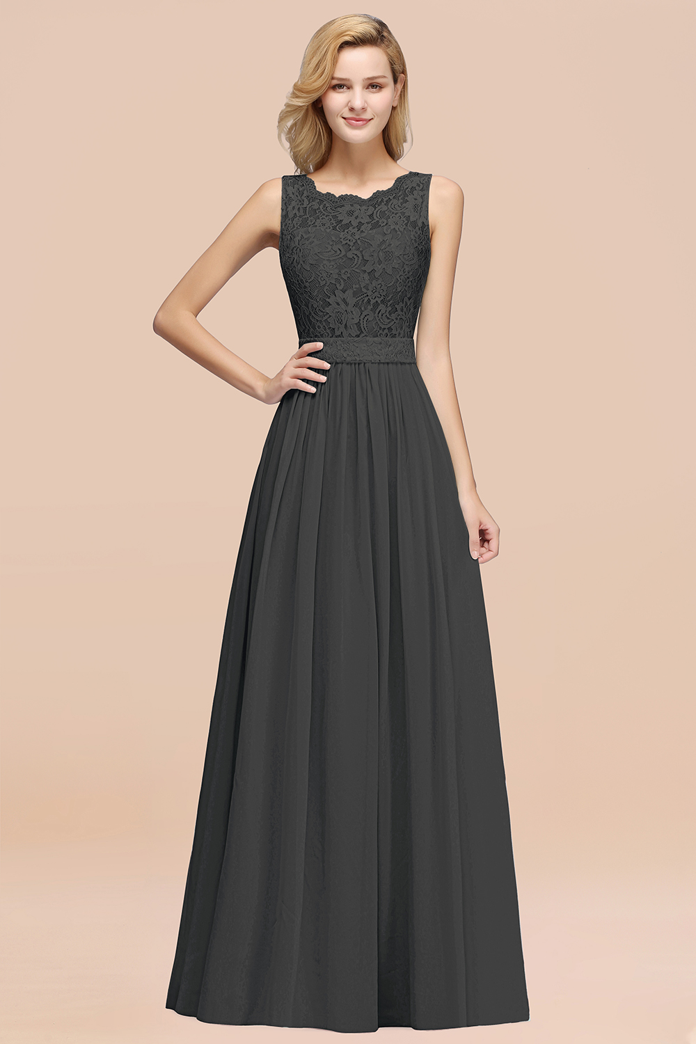 27prom Elegant Chiffon Lace Scalloped Sleeveless Ruffle Bridesmaid Dresses-27prom