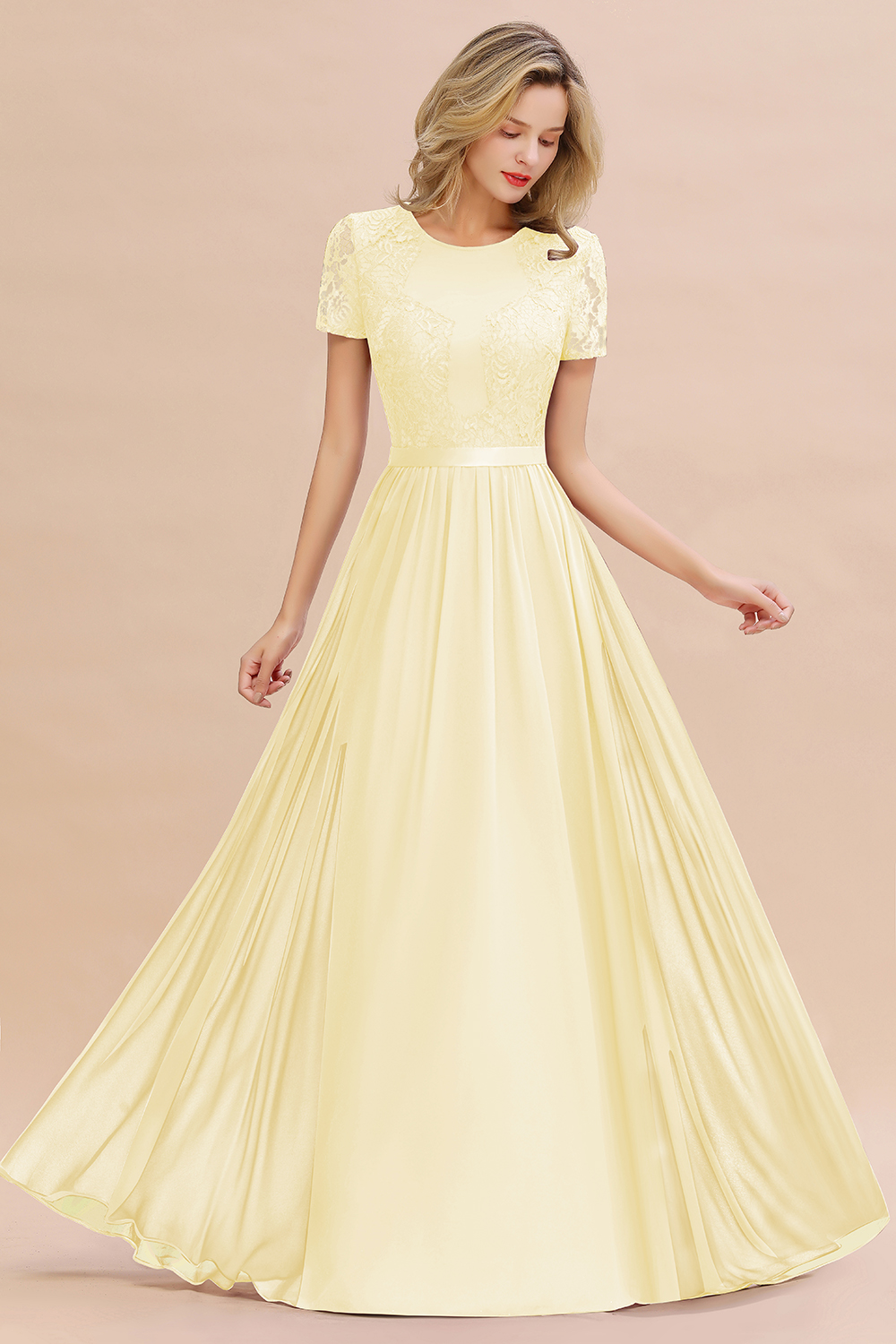 27prom Elegant Chiffon Lace Jewel Short-Sleeves Affordable Bridesmaid Dress-27prom