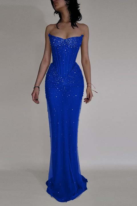 Strapless Sleeveless Mermaid Long Prom Dress With Beading Tulle