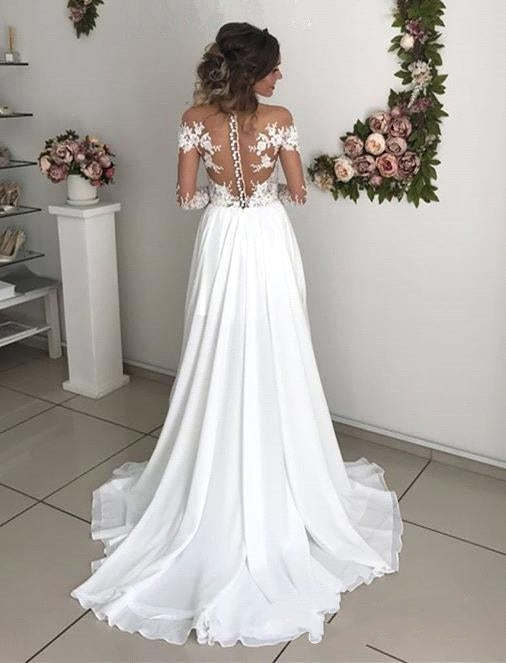 Long A-Line Long Sleeve Wedding Dress with Chiffon Lace and Slit
