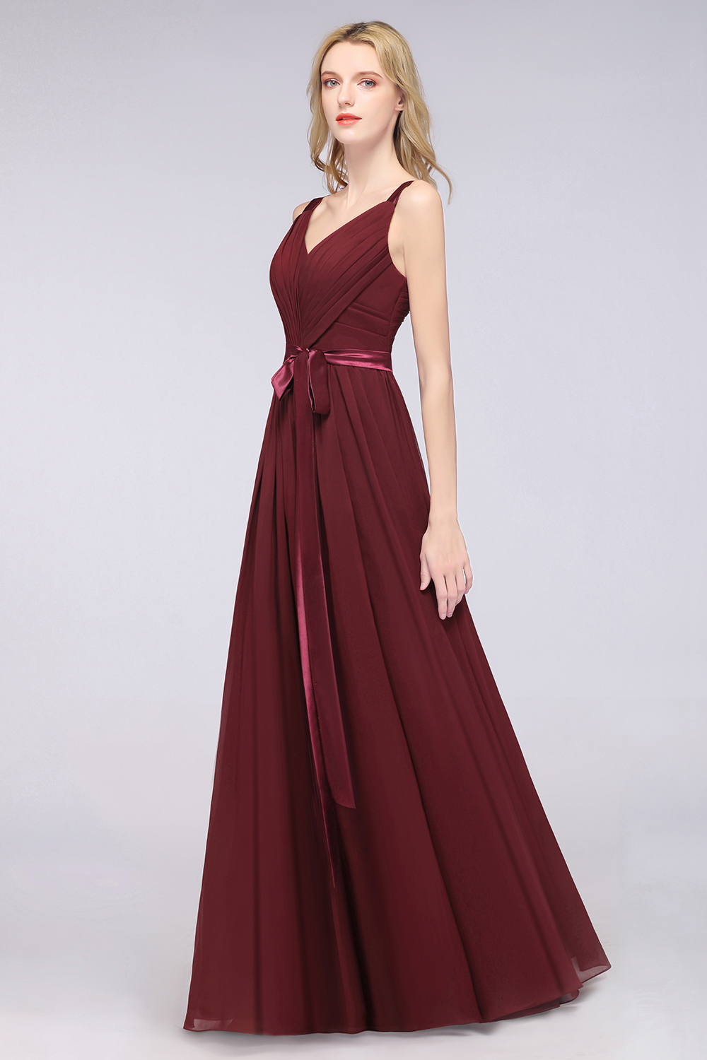 27prom Chic V-Neck Straps Ruffle Burgundy Bridesmaid Dresses with Bow Sash-27prom