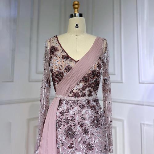 Pink Long Sleeve Evening Dress with Chiffon Train, Beaded Lace Printing