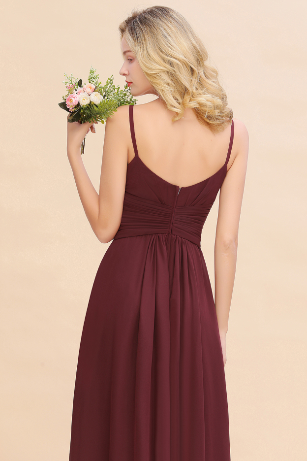 27prom Modest Ruffle Spaghetti Straps Backless Burgundy Bridesmaid Dresses Affordable-27prom