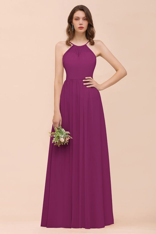 27prom Gorgeous Chiffon Halter Ruffle Affordable Long Bridesmaid Dress-27prom