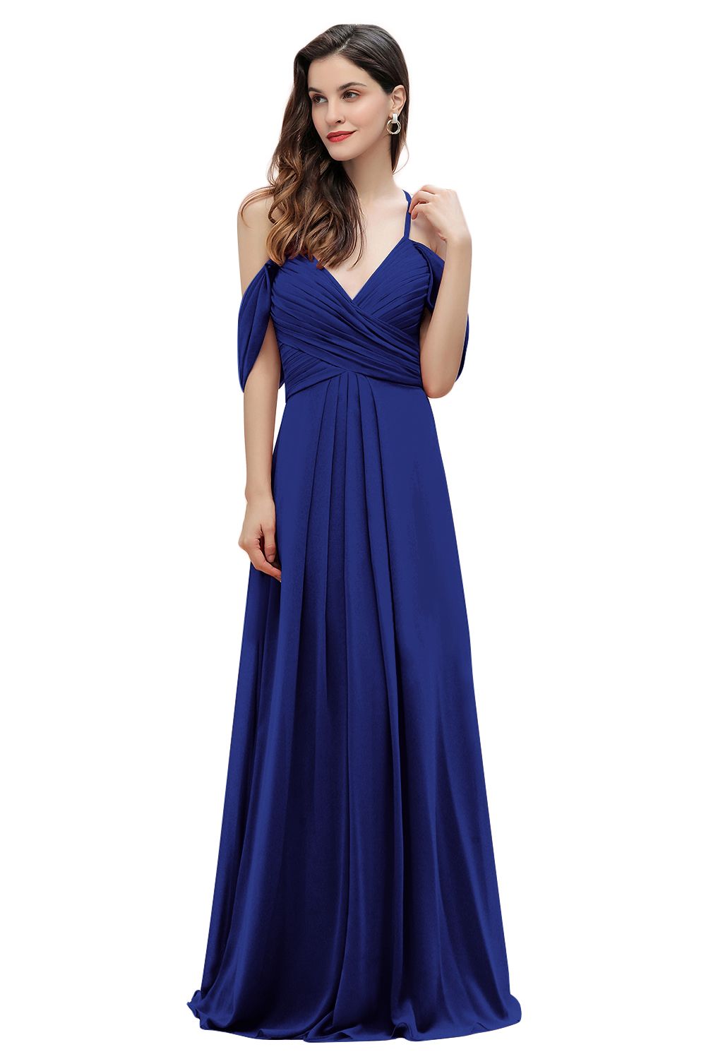 Elegant A-line Off-the-Shoulder V-neck Ruched Long Bridesmaid Dress-27prom