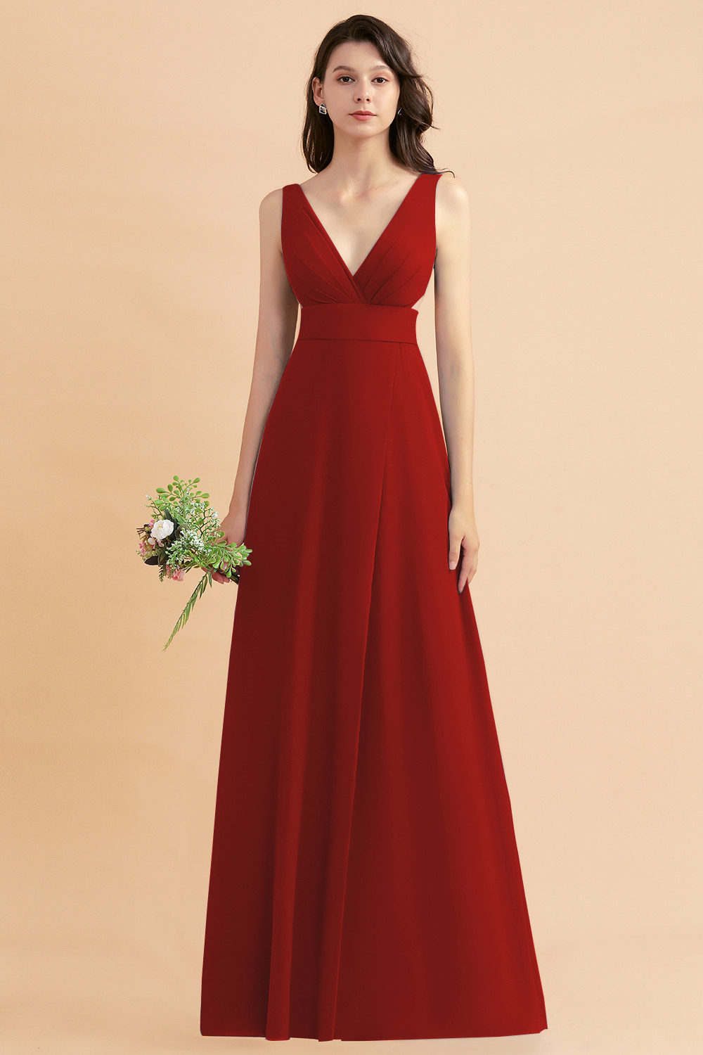 27prom A-Line Dusty Blue Chiffon Ruffles Bridesmaid Dress with Slit-27prom