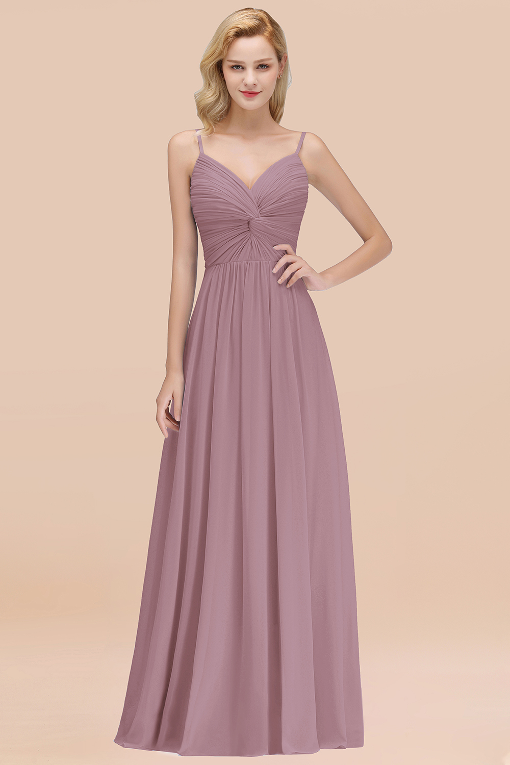 27prom Chic V-Neck Pleated Backless Bridesmaid Dresses with Spaghetti Straps-27prom
