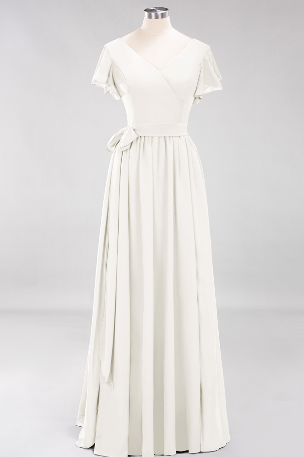 27prom Burgundy V-Neck Long Bridesmaid Dress With Short-Sleeves-27prom