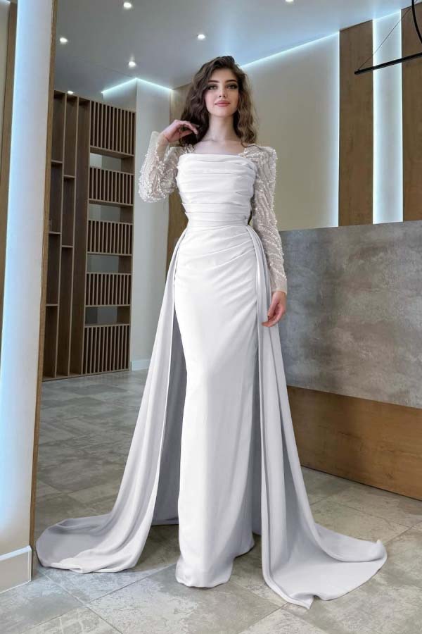 Long Sleeves Square Neck Long Mermaid Prom Dress With Pleated