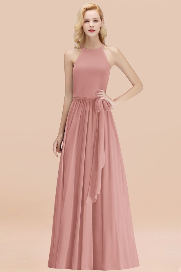 27prom Affordable Halter Bow Long Bridesmaid Dress Modest Burgundy Chiffon Wedding Party Dress-27prom