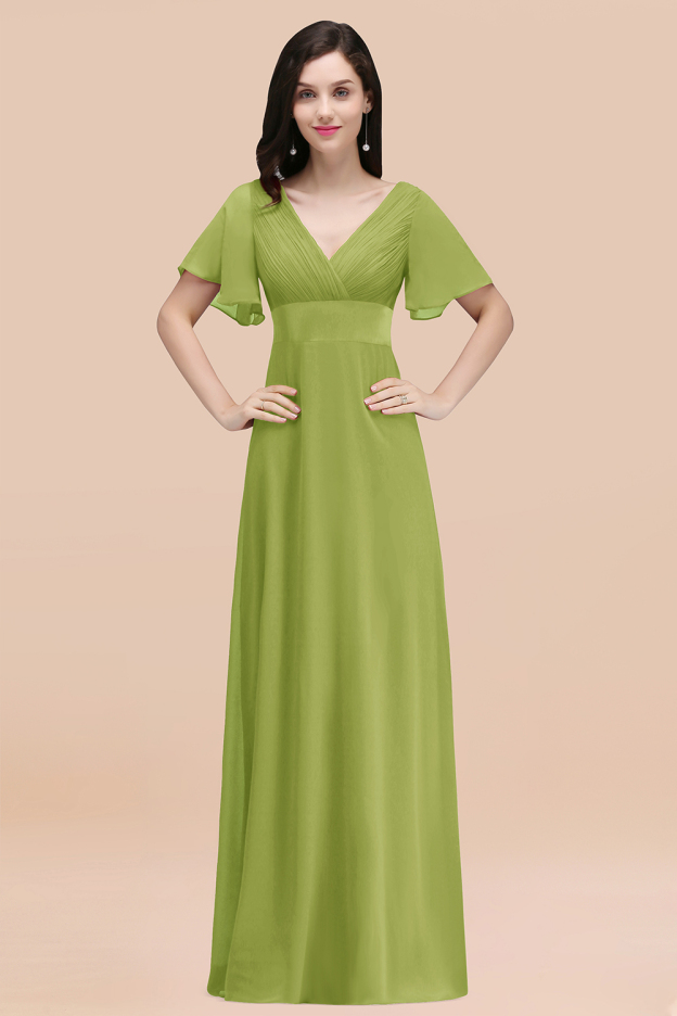 27prom Affordable V-Neck Ruffle Long Burgundy Bridesmaid Dress With Short-Sleeves-27prom