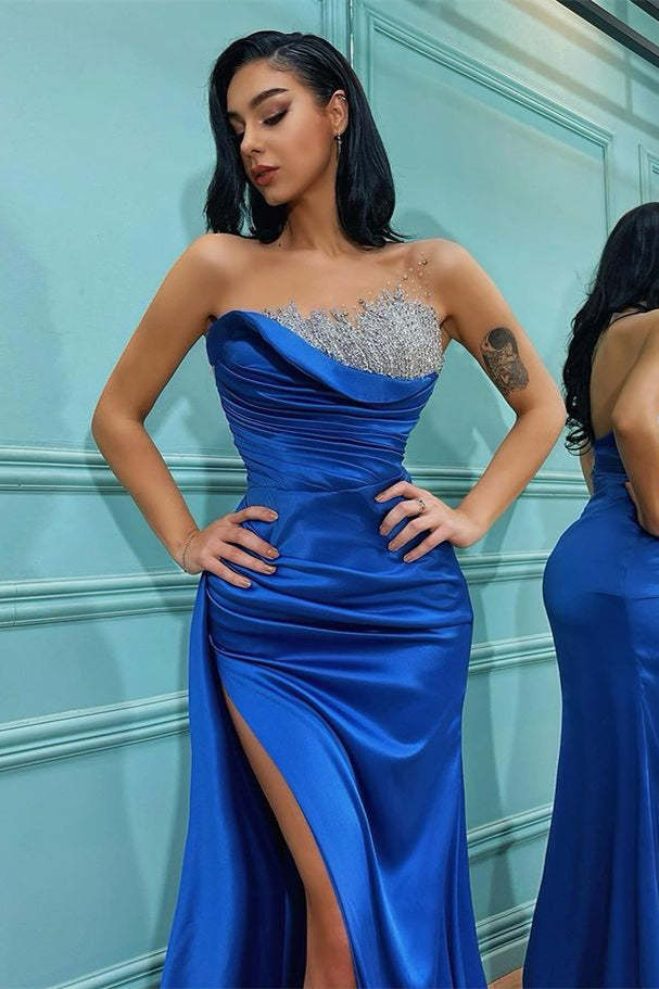 Royal Blue Strapless Split Mermaid Evening Dress with Beadings