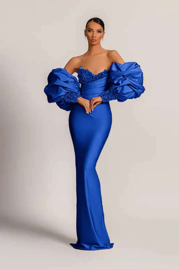 Charming Purple Strapless Mermaid Long Prom Dress With Appliques Puff Sleeves