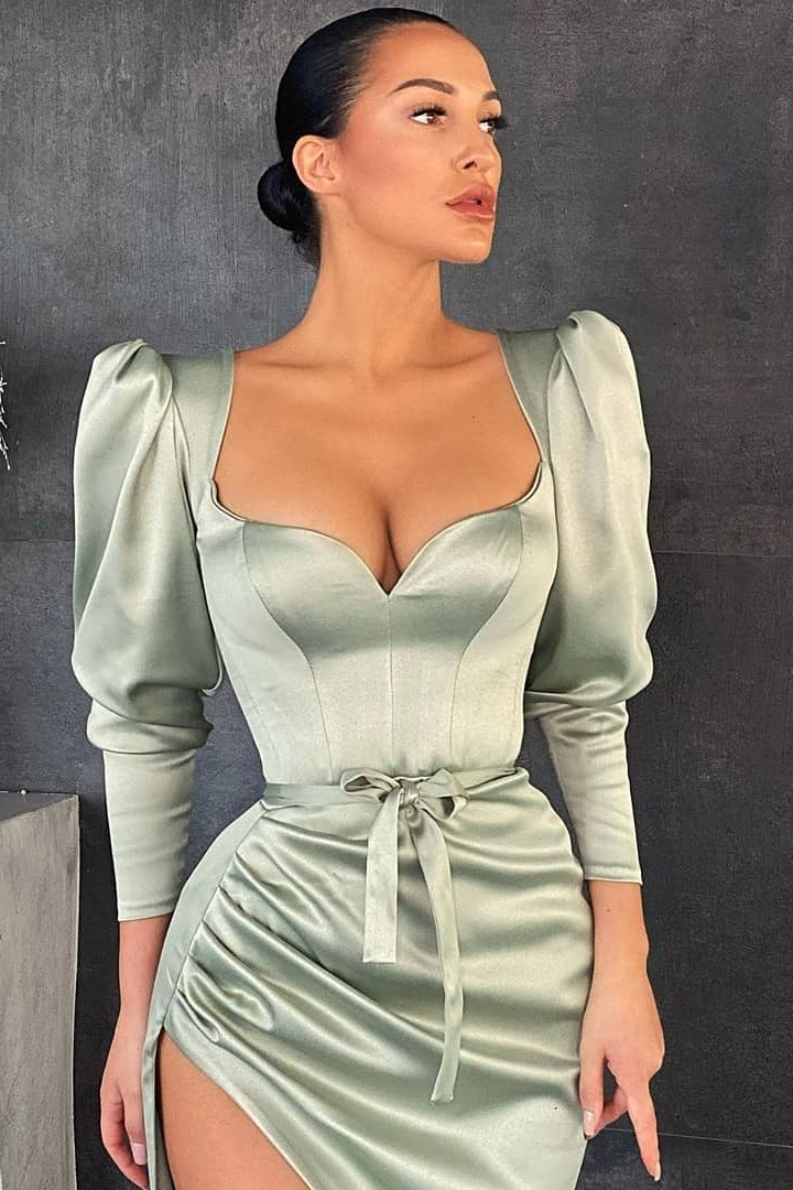 Glamorous Dusty Sage Long Sleeves Pleated Long Prom Dress Split With Belt