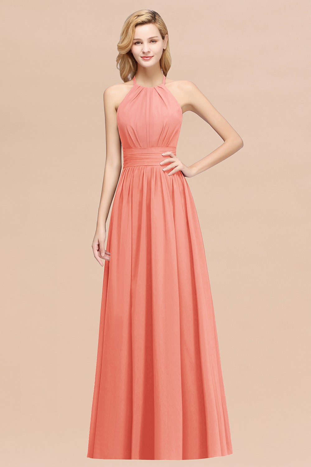 27prom Elegant High-Neck Halter Long Affordable Bridesmaid Dresses with Ruffles-27prom