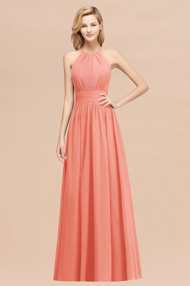 27prom Elegant High-Neck Halter Long Affordable Bridesmaid Dresses with Ruffles-27prom