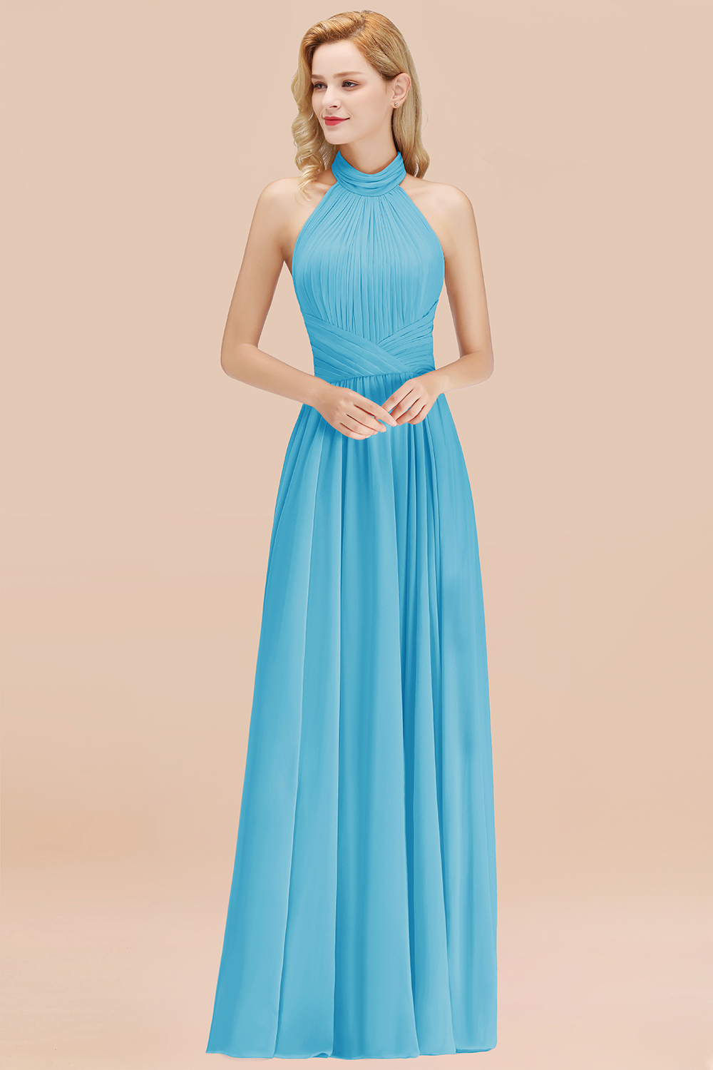 27prom Gorgeous High-Neck Halter Backless Bridesmaid Dress Dusty Rose Chiffon Maid of Honor Dress-27prom