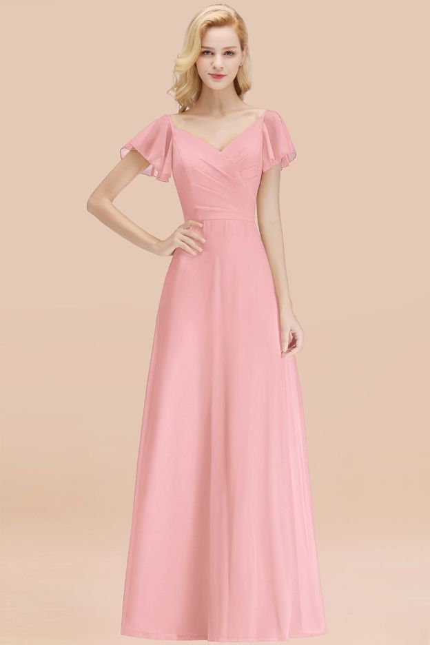 27prom Elegent Short-Sleeve Long Bridesmaid Dress Online Yellow Chiffon Wedding Party Dress-27prom