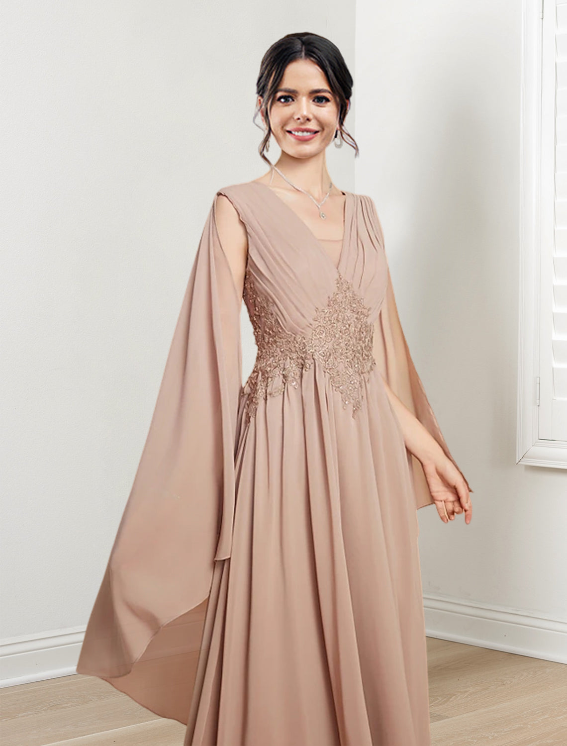 V-Neck A-Line Princess Floor-Length Dresses for the Mother of the Bride-27prom