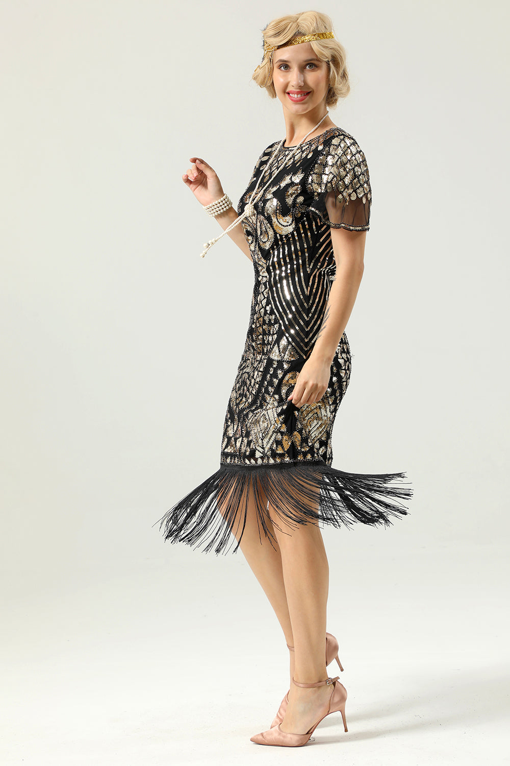 Black and Gold Sequin Dress with Batwing Sleeves