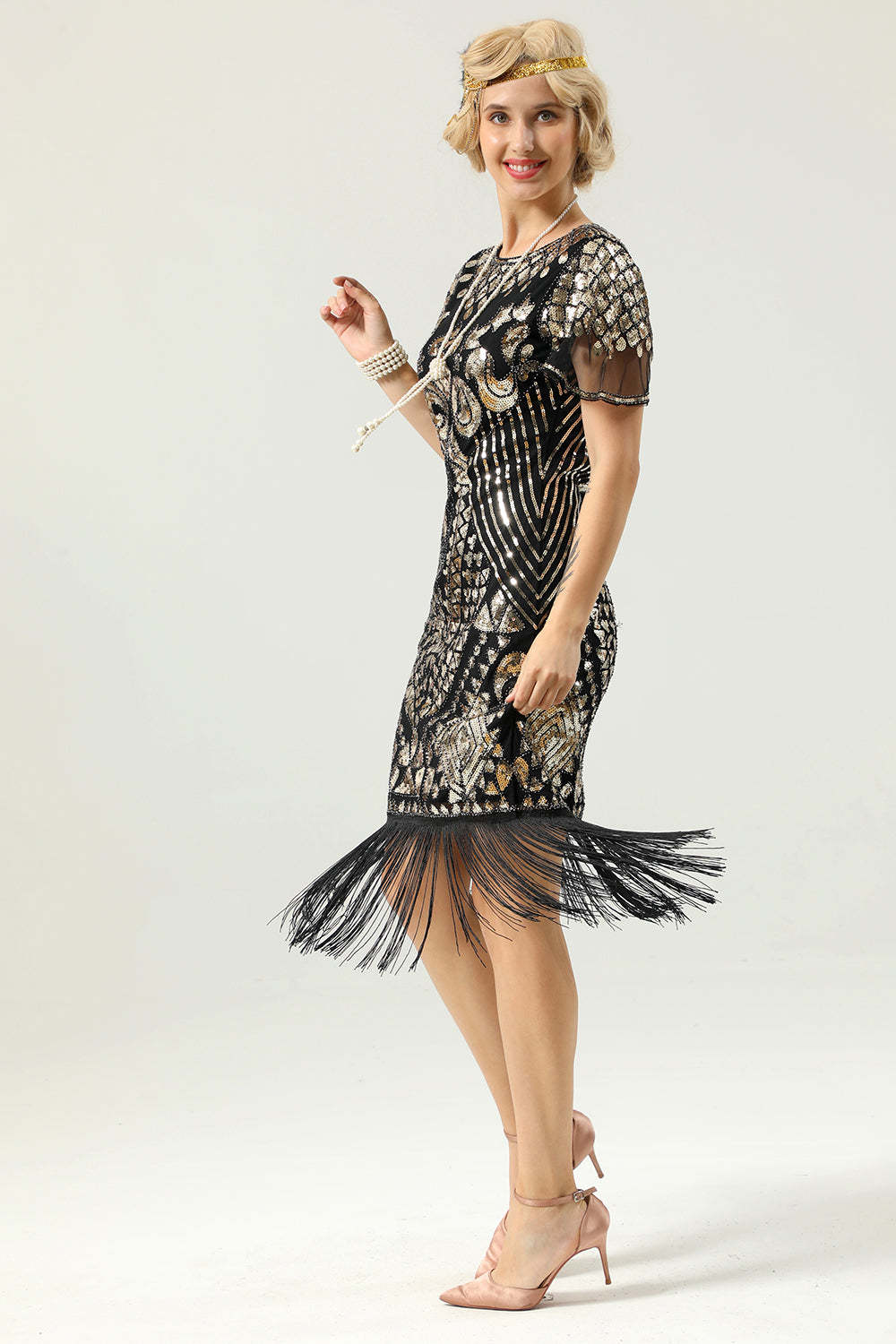 Black and Gold Sequin Dress with Batwing Sleeves