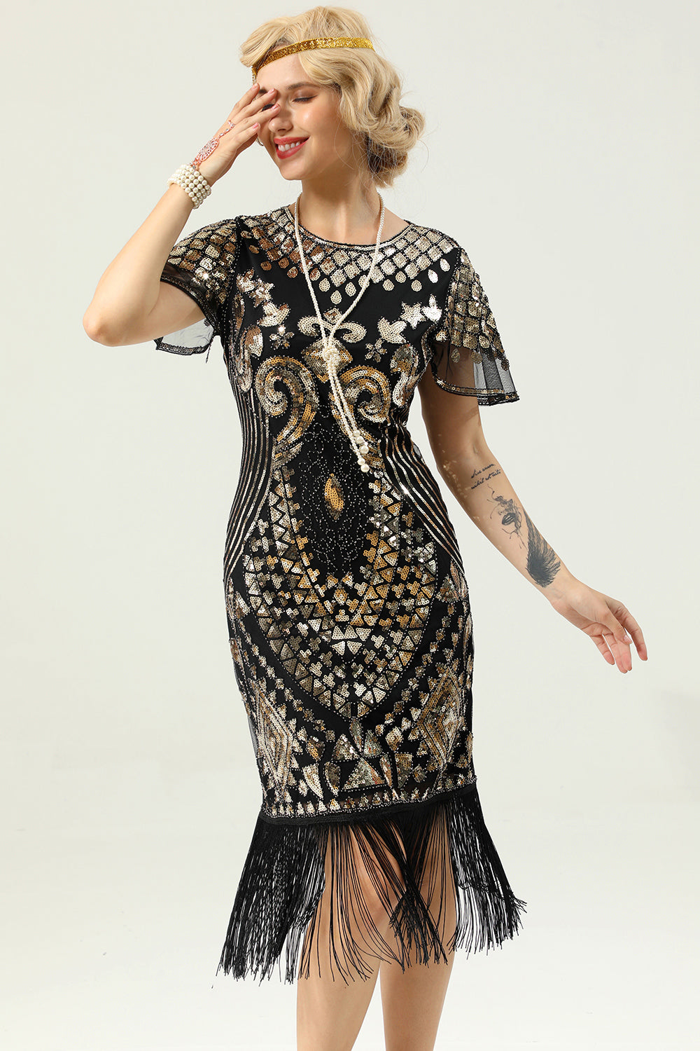 Black and Gold Sequin Dress with Batwing Sleeves