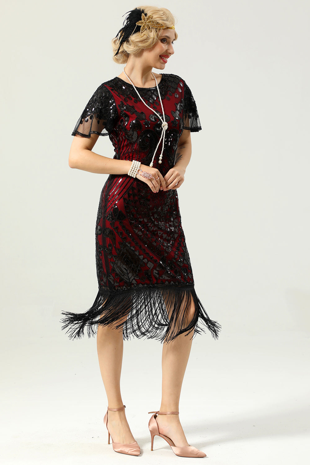 Black and Gold Sequin Dress with Batwing Sleeves