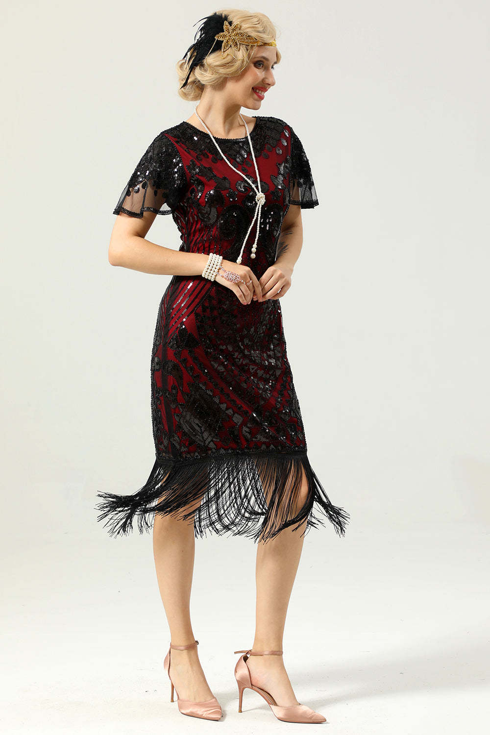 Black and Gold Sequin Dress with Batwing Sleeves