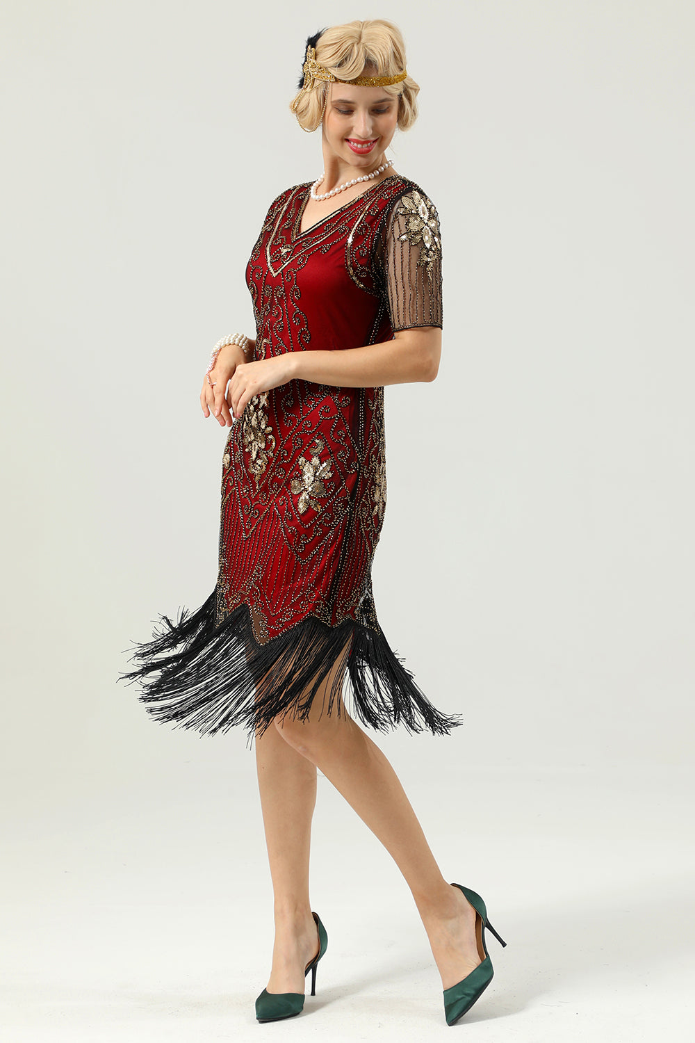 Apricot Beaded Sequin Dress with Sleeves