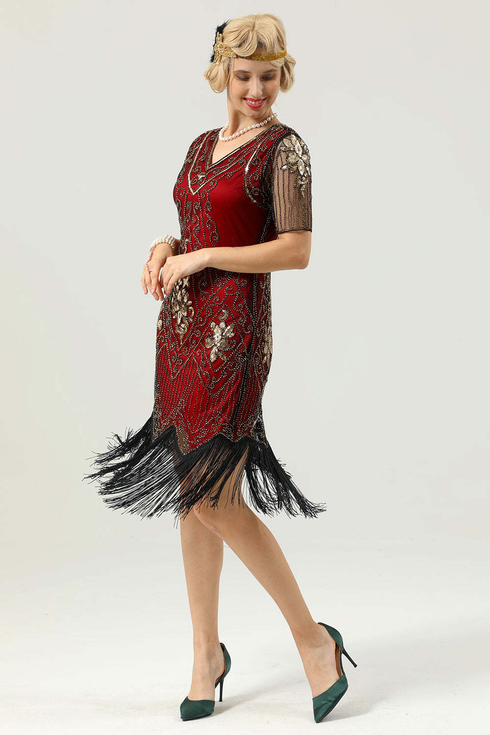 Apricot Beaded Sequin Dress with Sleeves