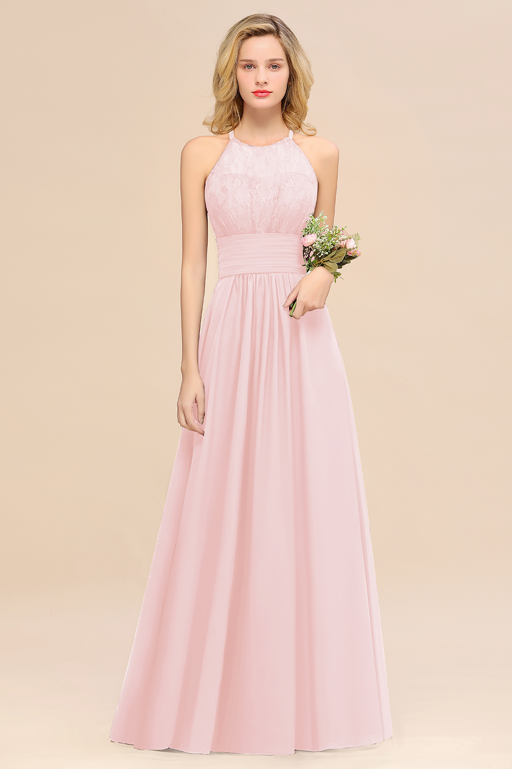 27prom Elegant Halter Ruffles Sleeveless Grape Lace Bridesmaid Dresses Affordable-27prom