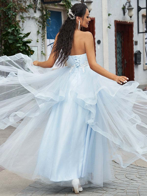 Baby Blue Long Tulle Prom Dress with Applique