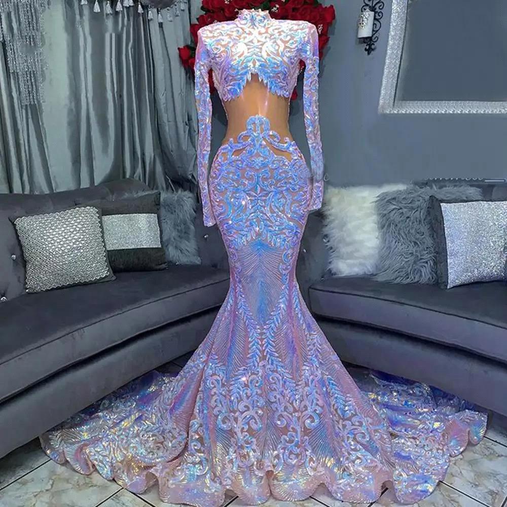 High Neck Long Sleeves Mermaid Prom Dress with Sequins and Lace