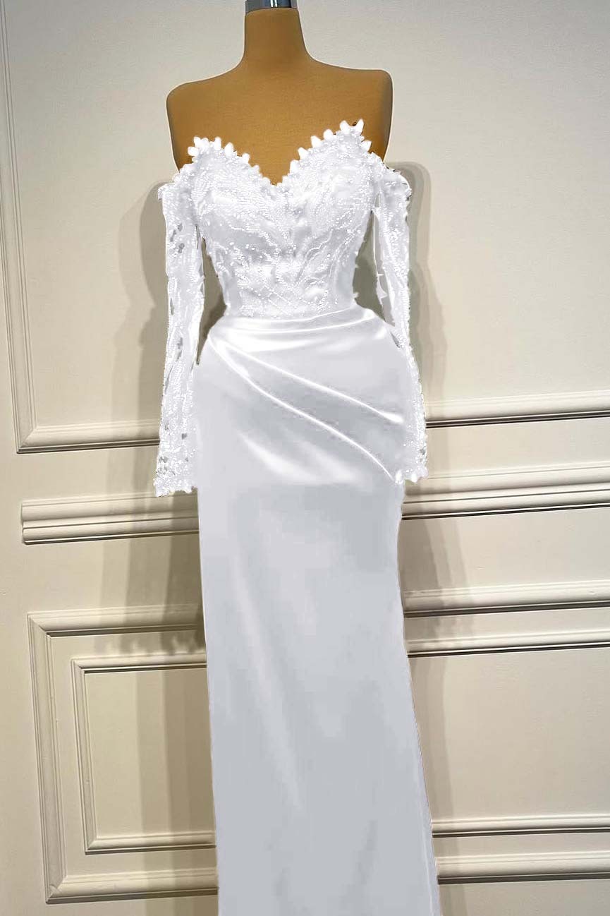 Long Sleeves Strapless Long Mermaid Prom Dress With Beading Pleated