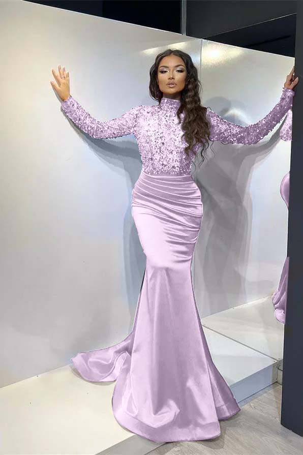 Classic Red Long Mermaid Prom Dress Pleated With Long Sleeves