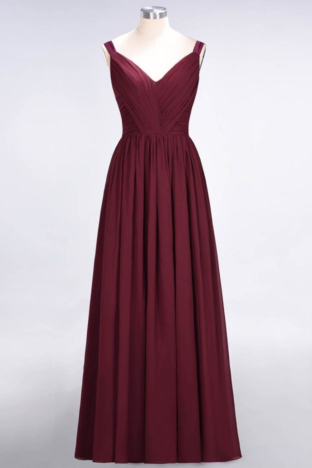 27prom Chic V-Neck Straps Ruffle Burgundy Bridesmaid Dresses with Bow Sash-27prom