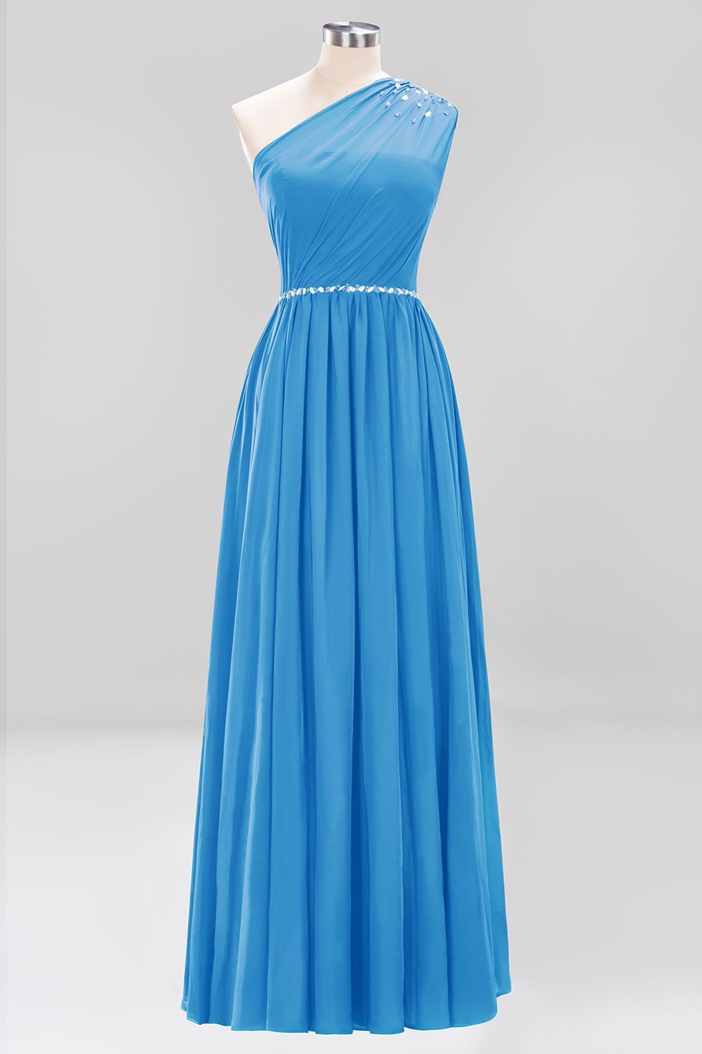 27prom Modest One-shoulder Royal Blue Affordable Bridesmaid Dress with Beadings-27prom
