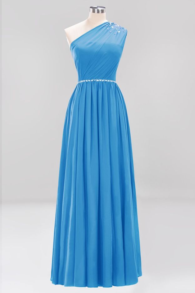 27prom Modest One-shoulder Royal Blue Affordable Bridesmaid Dress with Beadings-27prom