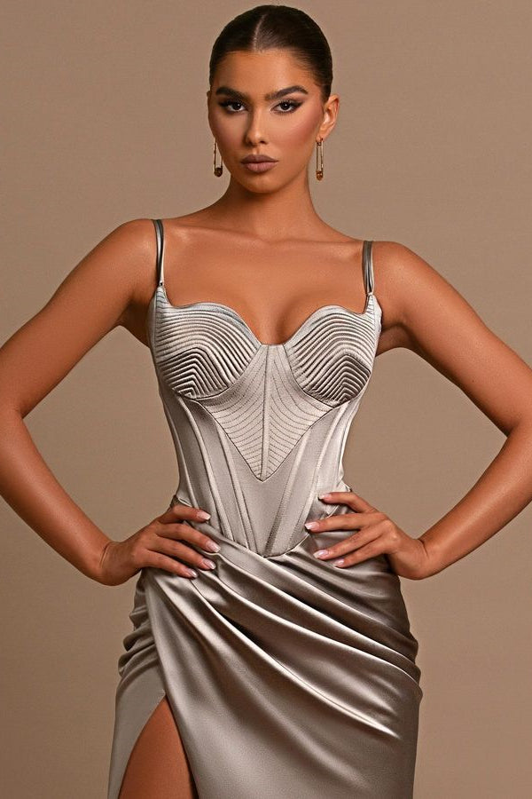 Charming Grey Evening Dress Ball Gown with Slit Pleated Spaghetti Straps