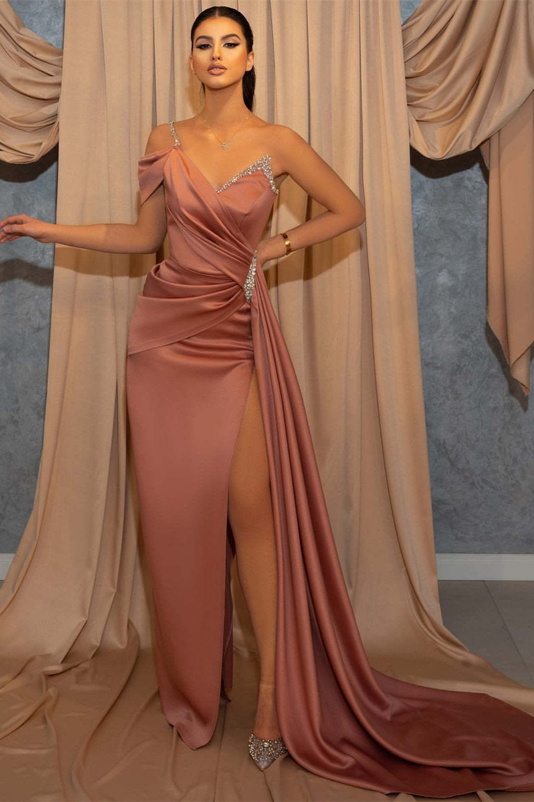 One-Shoulder V-Neck Spaghetti-Strap Beaded Mermaid Prom Dress with Ruffles and Slit
