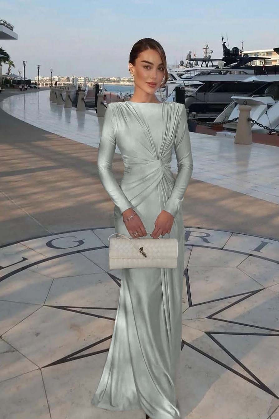 Chic Jewel Long Sleeves Mermaid Long Prom Dress With Pleated