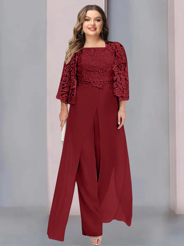Plus Size Floor-Length Chiffon Pantsuit for the Mother of the Bride with Square Neck and Side Split-27prom