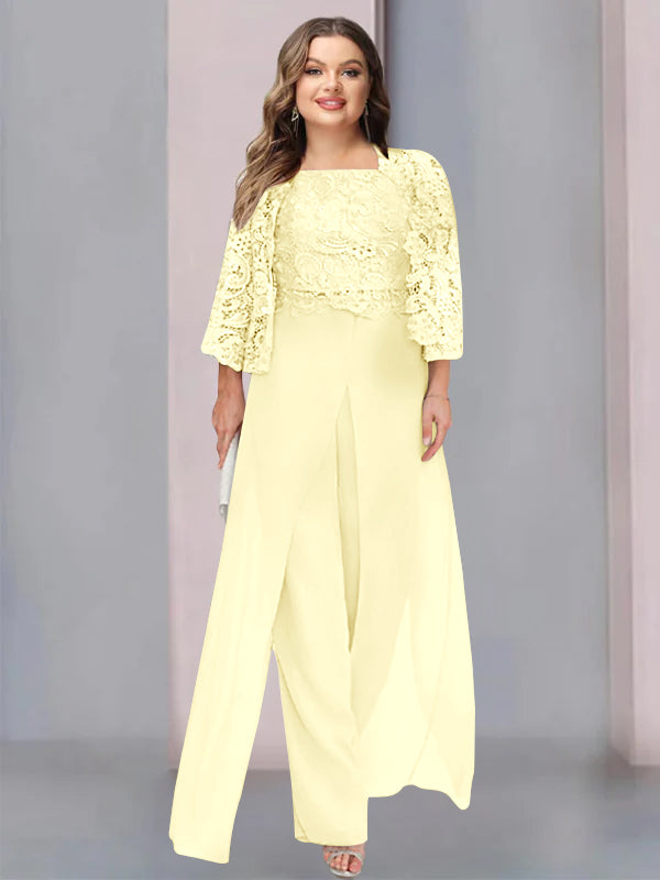 Plus Size Floor-Length Chiffon Pantsuit for the Mother of the Bride with Square Neck and Side Split-27prom