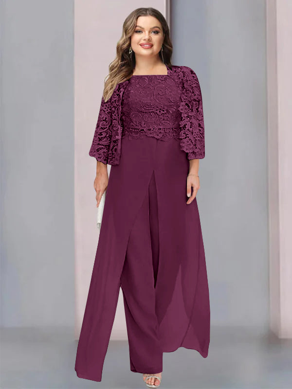 Plus Size Floor-Length Chiffon Pantsuit for the Mother of the Bride with Square Neck and Side Split-27prom